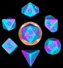 Mini Polyhedral Dice Set: Purple/Teal w/ Blue Numbers