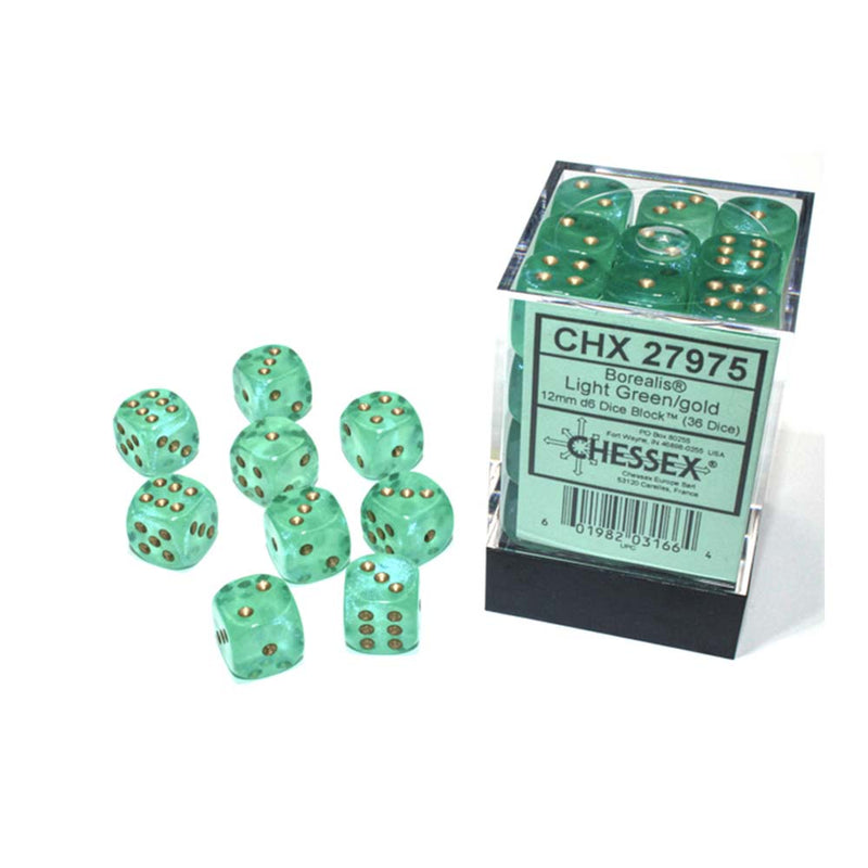 Chessex - Gemini 12mm d6(36 Dice) Borealis Light Green/Gold Luminary
