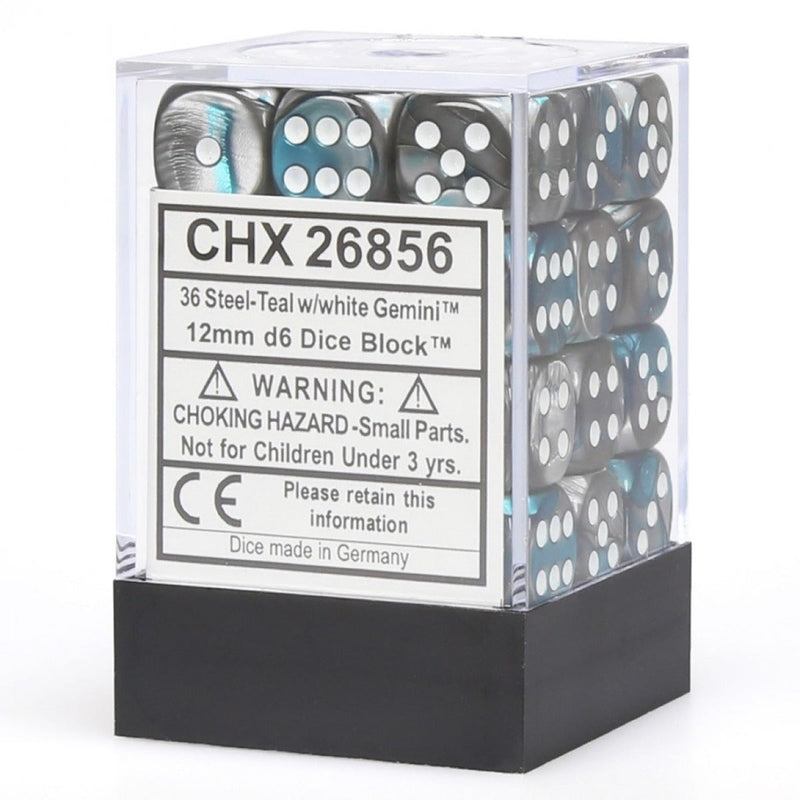 Chessex – Gemini 12mm d6 Steel-Teal/white Dice Block (36 dice)
